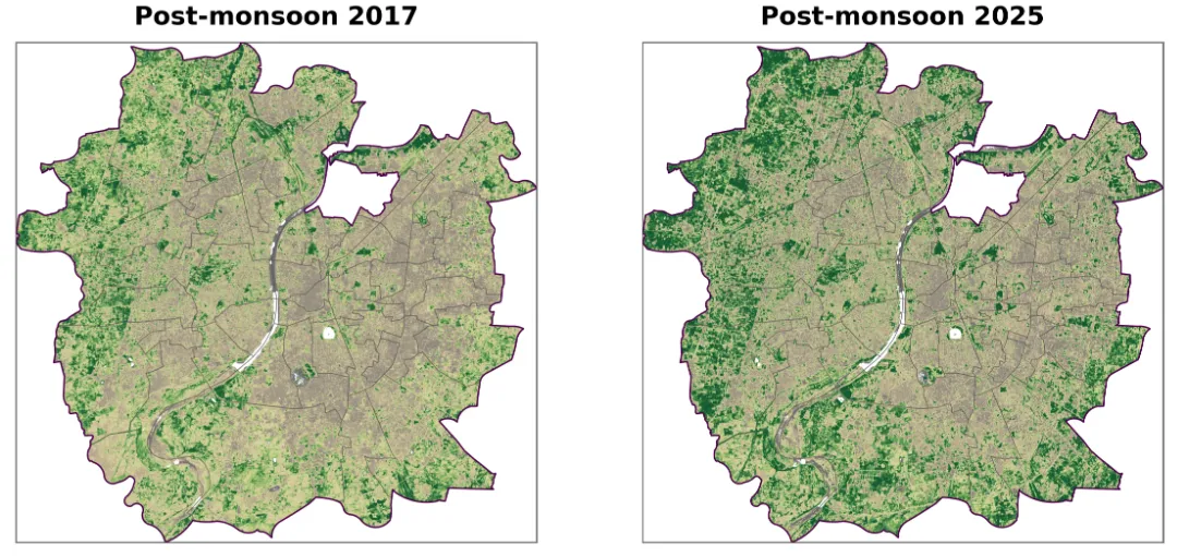 Two NDVI maps of Ahmedabad, post-monsoon 2017 and 2025; the 2025 map is visibly greener.